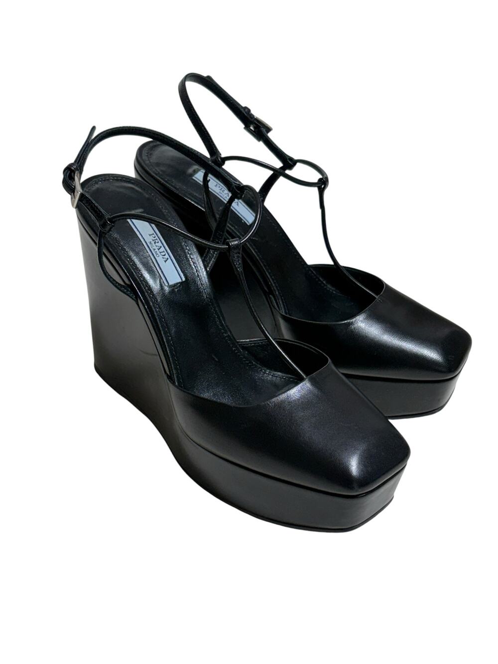 Prada Black Leather Wedge Sandals Size 38 EU 8 US